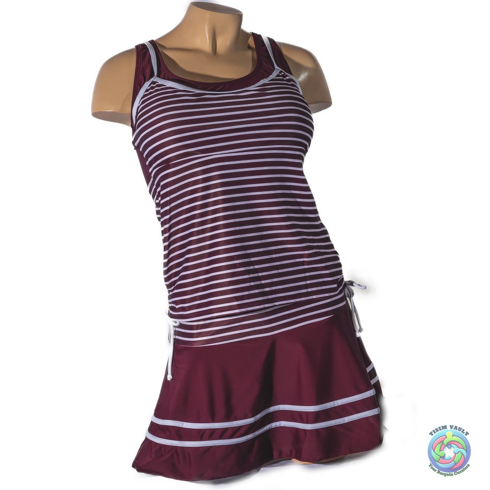 Miyang Maroon/White Striped Tankini Swimdress M 🌊